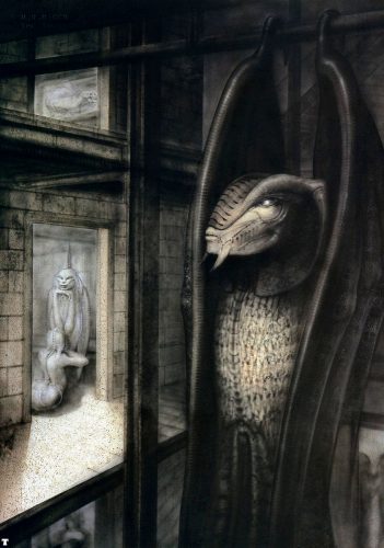 Giger-The_Tourist_XI_Hanging_Alien_with_wings_with_background