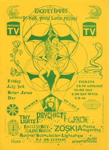Стилизованные под 60-е концертные афиши и обложки Psychic TV.
