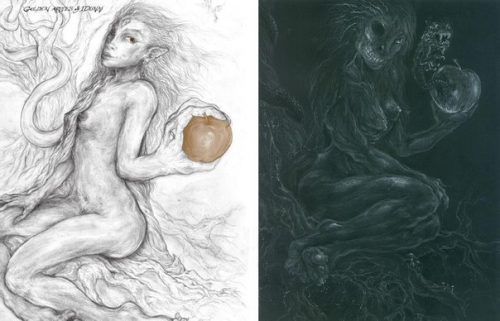 'Idun (with the Golden Apple of Immortality) and Hela - corresponding pages from Coagula (Gold Book of the Tela Quadrivium) and Solve (Black Book of the Tela Quadrivium) contrasting the immortality of the soul and the mortality of the body